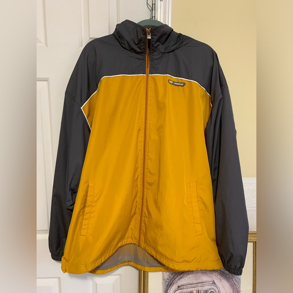 Vintage Silver Tag Reebok Windbreaker Jacket Yellow Gray Mens Size XL Mesh Lined